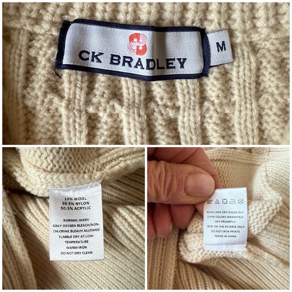 CK BRADLEY SWEATER 2 WAY FULL ZIP CABLE KNIT WOOL NYLON CHUNKY NEUTRAL BEIGE M - Picture 11 of 11